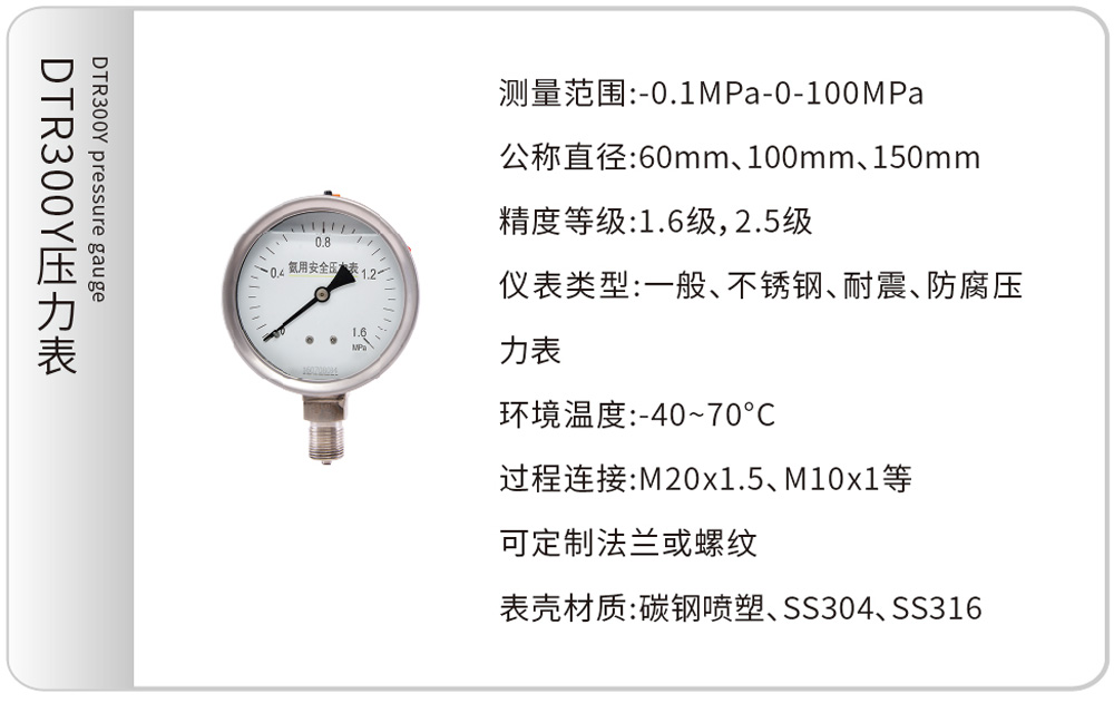 DTR300Y压力表DTR300Y Pressure Gauge
测量范围:-0.1MPa-0-100MPa
公称直径:60mm、100mm、150mm
精度等级:1.6级,2.5级
仪表类型:一般、不锈钢、耐震、防腐压力表
环境温度:-40~70°C
过程连接:M20x1.5、M10x1等
可定制法兰或螺纹
表壳材质:碳钢喷塑、SS304、SS316