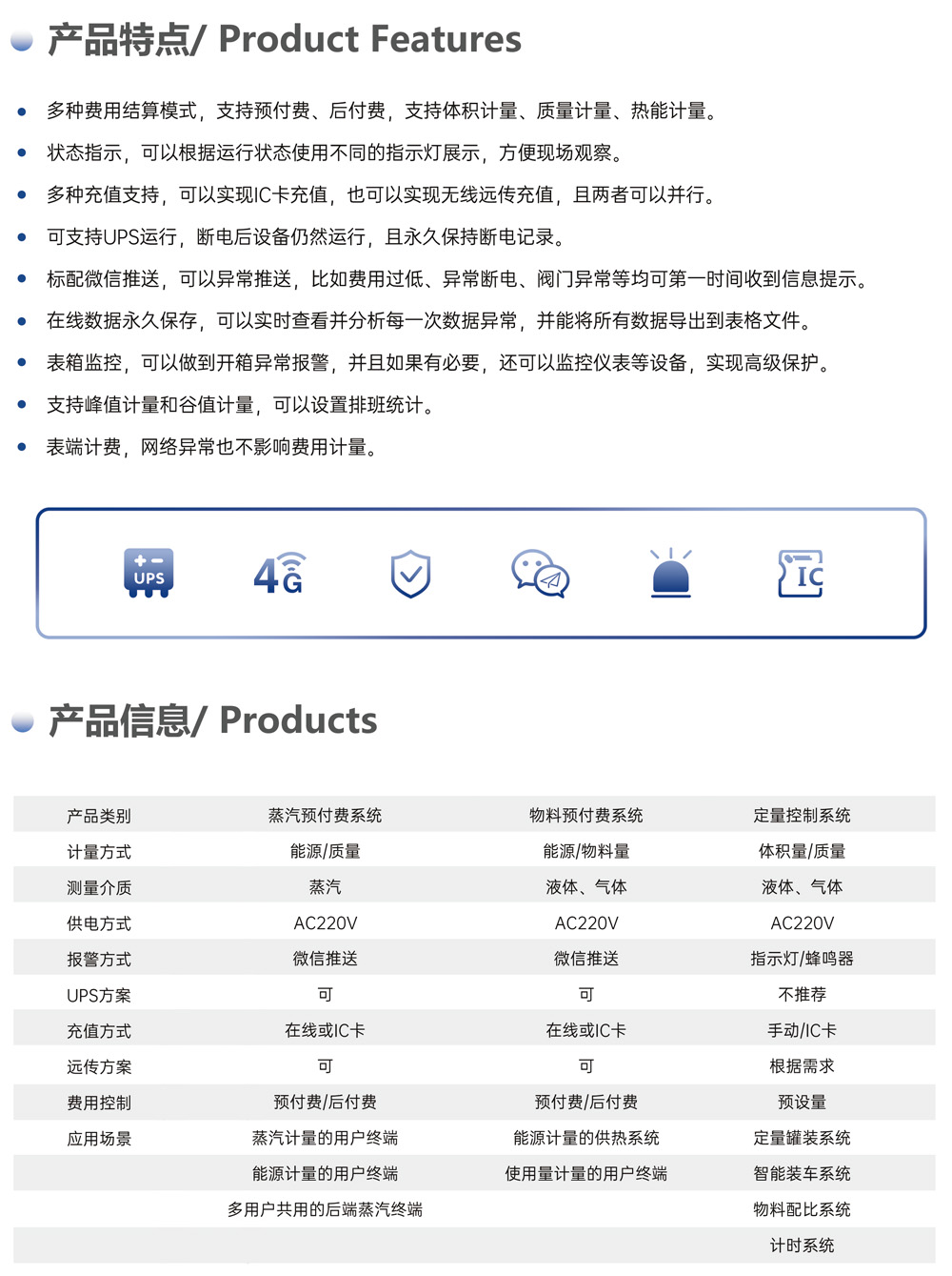 产品特点/ Product Features
多种费用结算模式，支持预付费、后付费，支持体积计量、质量计量、热能计量。
状态指示，可以根据运行状态使用不同的指示灯展示，方便现场观察。
多种充值支持，可以实现IC卡充值，也可以实现无线远传充值，且两者可以并行。
可支持UPS运行，断电后设备仍然运行，且永久保持断电记录。
标配微信推送，可以异常推送，比如费用过低、异常断电、阀门异常等均可第一时间收到信息提示。
在线数据永久保存，可以实时查看并分析每一次数据异常，并能将所有数据导出到表格文件。
表箱监控，可以做到开箱异常报警，并且如果有必要，还可以监控仪表等设备，实现高级保护。
支持峰值计量和谷值计量，可以设置排班统计。
表端计费，网络异常也不影响费用计量。
产品信息/ Products
产品类别	蒸汽预付费系统	物料预付费系统	定量控制系统
计量方式	能源/质量	能源/物料量	体积量/质量
测量介质	蒸汽	液体、气体	液体、气体
供电方式	AC220V	AC220V	AC220V
报警方式	微信推送	微信推送	指示灯/蜂鸣器
UPS方案	可	可	不推荐
充值方式	在线或IC卡	在线或IC卡	手动/IC卡
远传方案	可	可	根据需求
费用控制	预付费/后付费	预付费/后付费	预设置
应用场景	蒸汽计量的用户终端
能源计量的用户终端
多用户共用的后端蒸汽终端	能源计量的供热系统
使用量计量的用户终端	定量罐装系统
智能装车系统
物料配比系统
计时系统