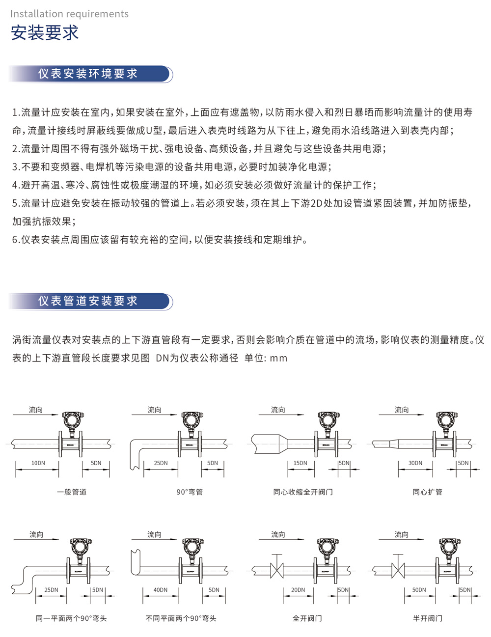 安装要求：仪表安装环境要求：流量计应安装在室内，如果安装在室外，上面应有遮盖物，以防雨水侵入和烈日暴晒而影响流量计的使用寿命，流量计接线时屏蔽线要做成U型，最后进入表壳时线路为从下往上，避免雨水沿线路进入到表壳内部；流量计周围不得有强外磁场干扰、强电设备、高频设备，并且避免与这些设备共用电源；不要和变频器、电焊机等污染电源的设备共用电源，必要时加装净化电源；避开高温、寒冷、腐蚀性或极度潮湿的环境，如必须安装必须做好流量计的保护工作；流量计应避免安装在振动较强的管道上。若必须安装，须在其上下游2D处加设管道紧固装置，并加防振垫，加强抗振效果；仪表安装点周围应该留有较充裕的空间，以便安装接线和定期维护。仪表管道安装要求：涡街流量仪表对安装点的上下游直管段有一定要求，否则会影响介质在管道中的流场，影响仪表的测量精度。仪表的上下游直管段长度要求见图 DN为仪表公称通径 单位: mm 