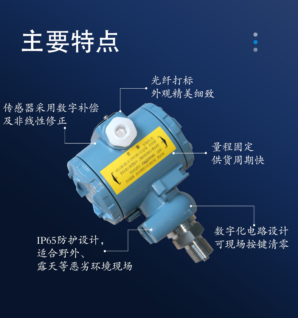 主要特点：光纤打标、外观精美细致；量程固定、供货周期快；数字化电路设计、可现场按键清零；传感器采用数字补偿及非线性修正；IP65防护设计，适合野外、露天等恶劣环境现场