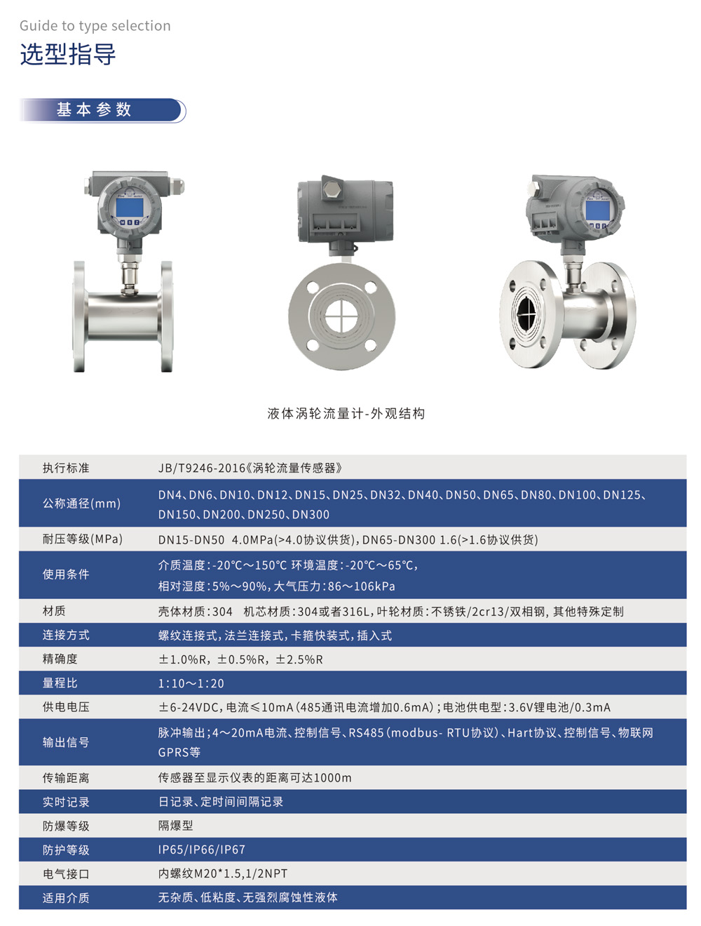 选型指导 基本参数 执行标准	JB/T9246-2016《涡轮流量传感器》 材质	壳体材质:304 机芯材质:304或者316L,叶轮材质:不锈钢/2cr13/双相钢,其他特殊定制 适用介质	无杂质、低粘度、无强烈腐蚀性液体